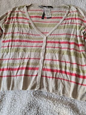 Kensie Beige Button-Front Cardigan with Pink & Olive Stripes